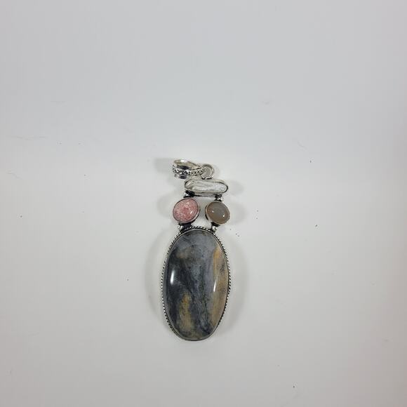 Handmade Silver Pendant with Picasso Jasper, Moonstone, Druzy & Pearl Accents - Picture 10 of 10